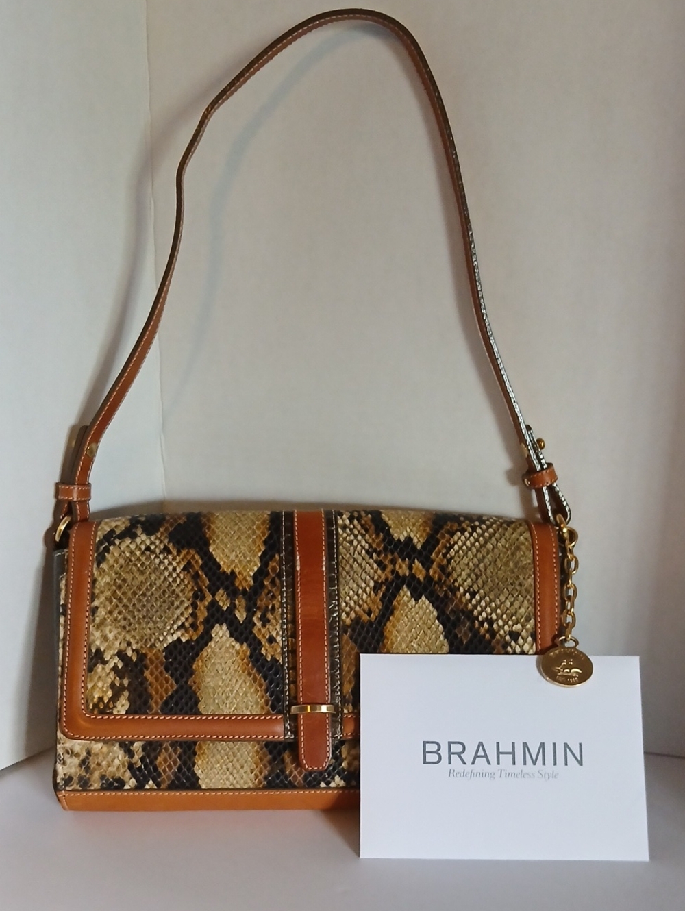 Brahmin Snake-Embossed Shoulder Bag in Tan and Black